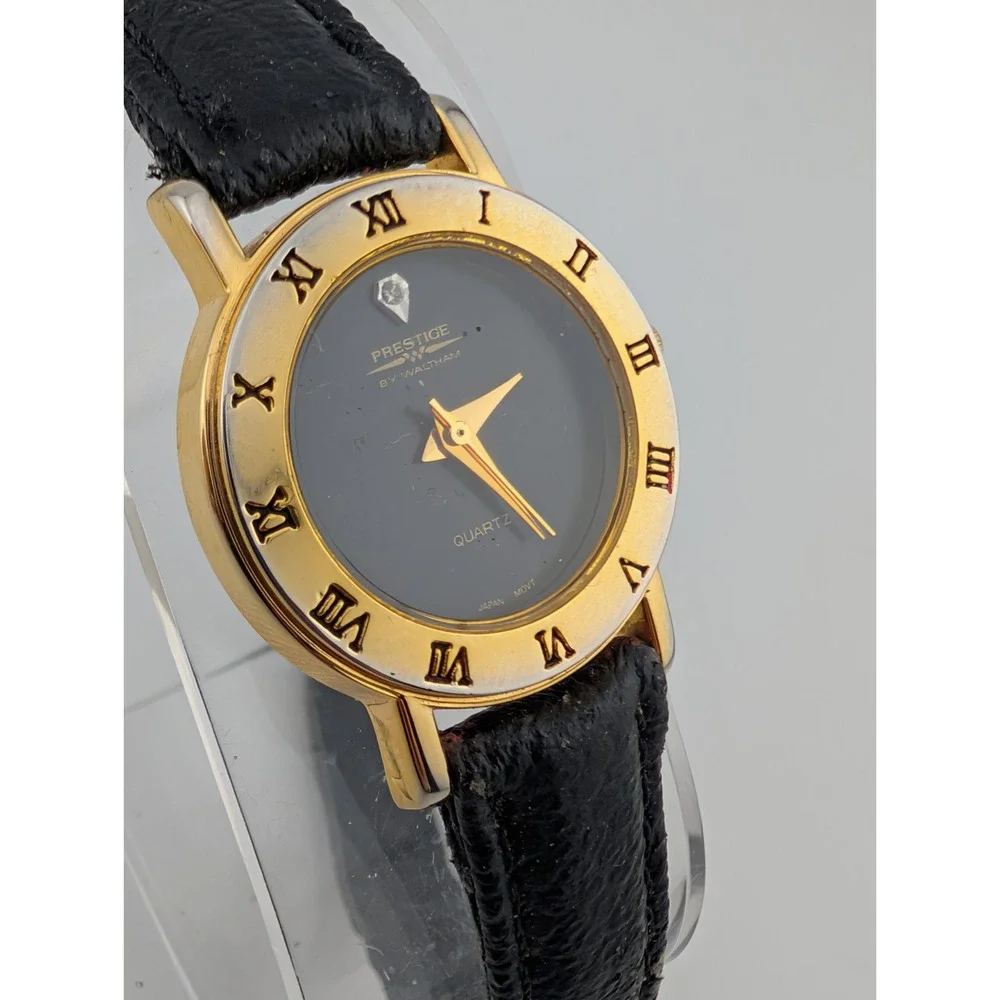 Prestige by Waltham Diamond Dial 25mm Watch Black Leather Band- New‎ Battery